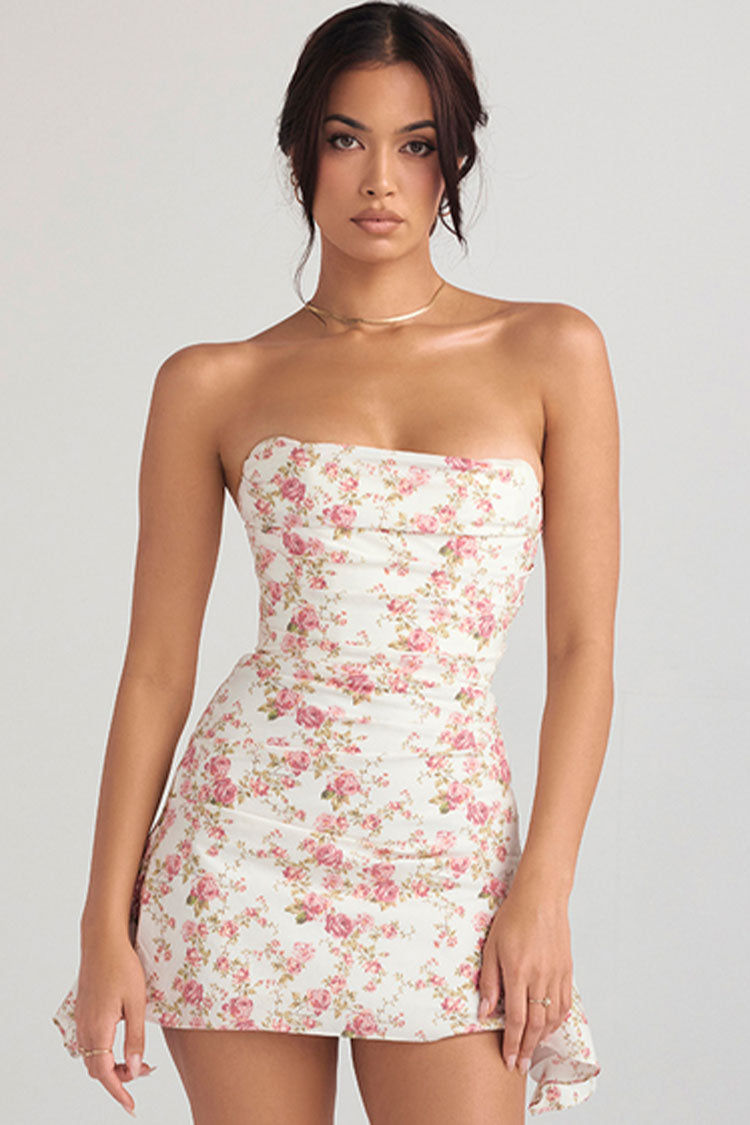 Satin Strapless Ruched Corset Draped Hem Mini Dress