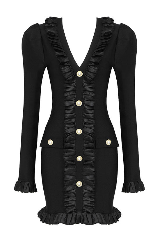 Silky Satin Pleated Trim Long Sleeve Bodycon Bandage Mini Dress - Black Fashionpara