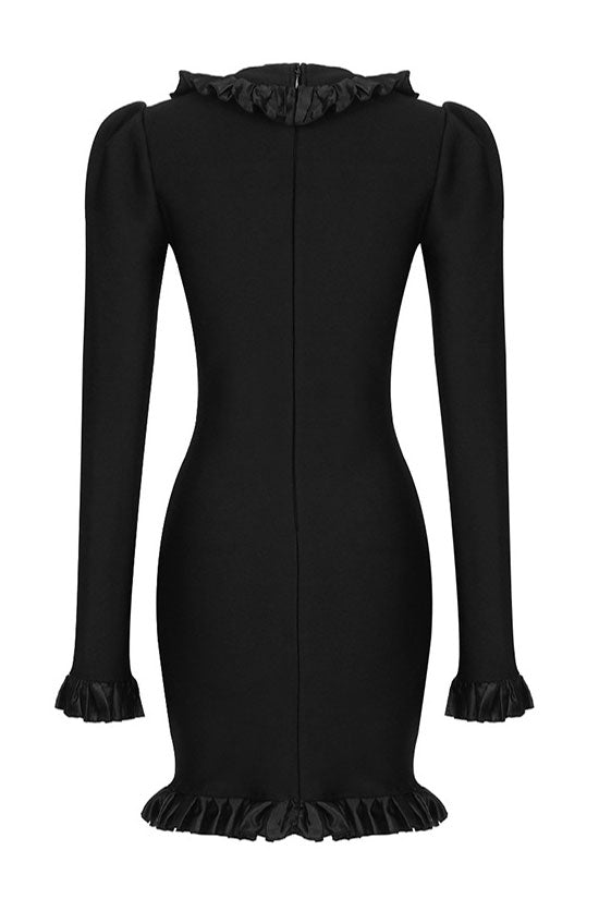 Silky Satin Pleated Trim Long Sleeve Bodycon Bandage Mini Dress - Black Fashionpara