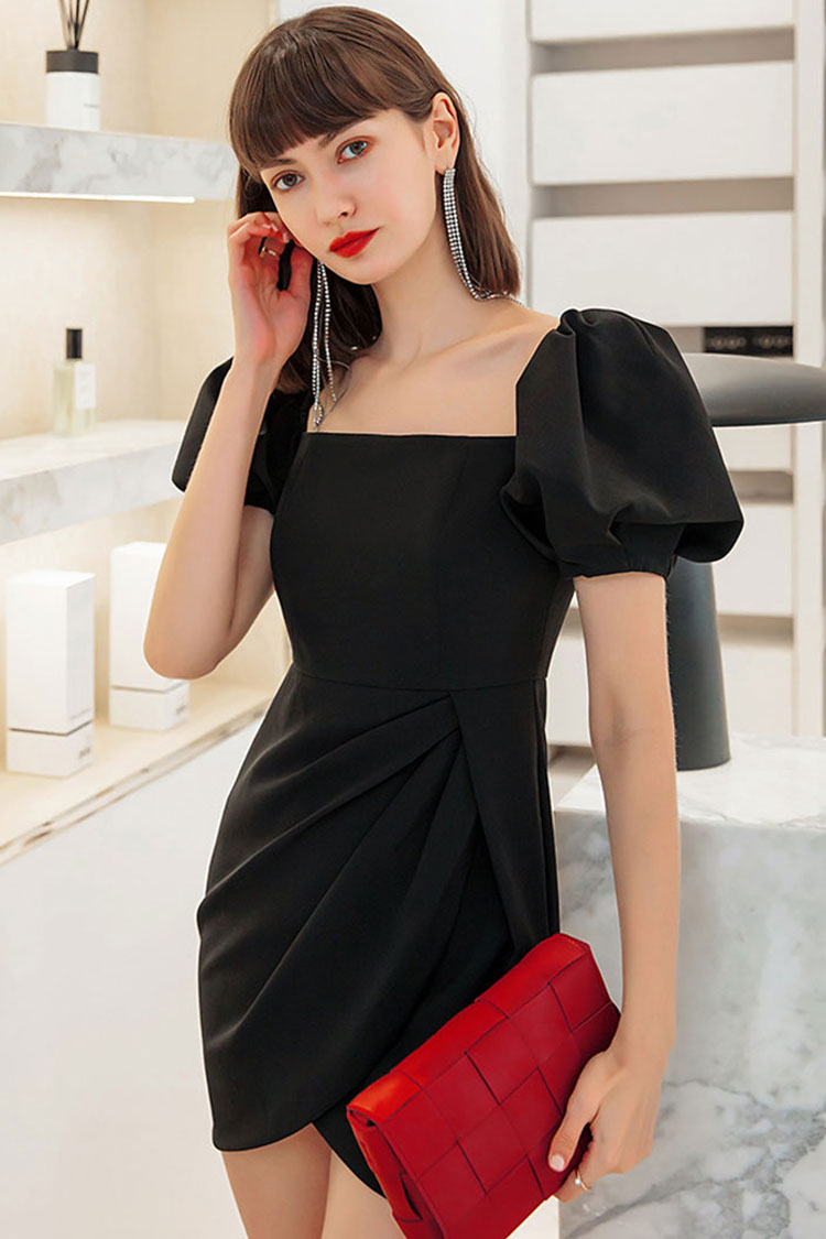Silky Satin Square Neck Puff Sleeve Party Mini Dress - Black - View 2