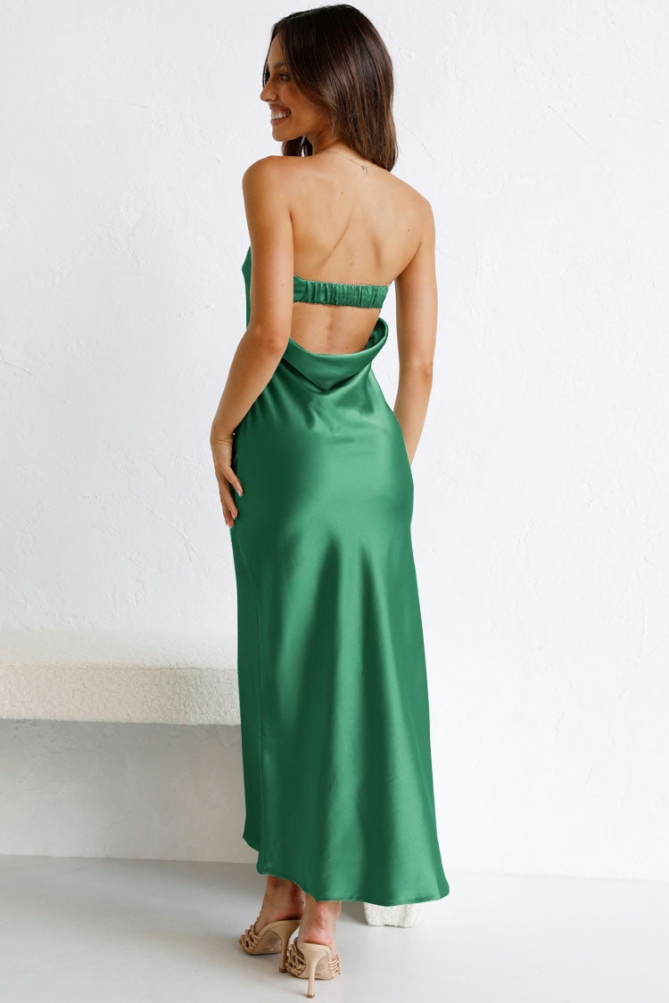 Silky Pleated Strapless Cowl Back Cocktail Midi Dress - Green Fashionpara