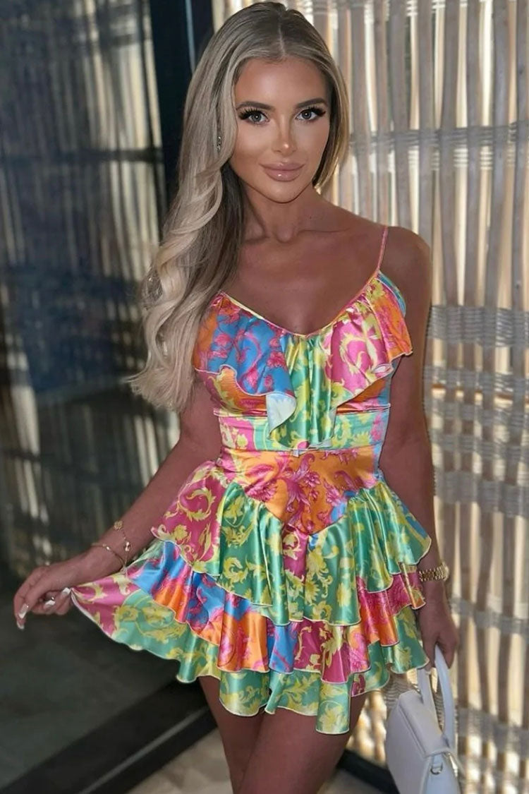 Silky Satin Summer Patchwork Ruffle V Neck Tiered Mini Sundress - Floral  Fashionpara