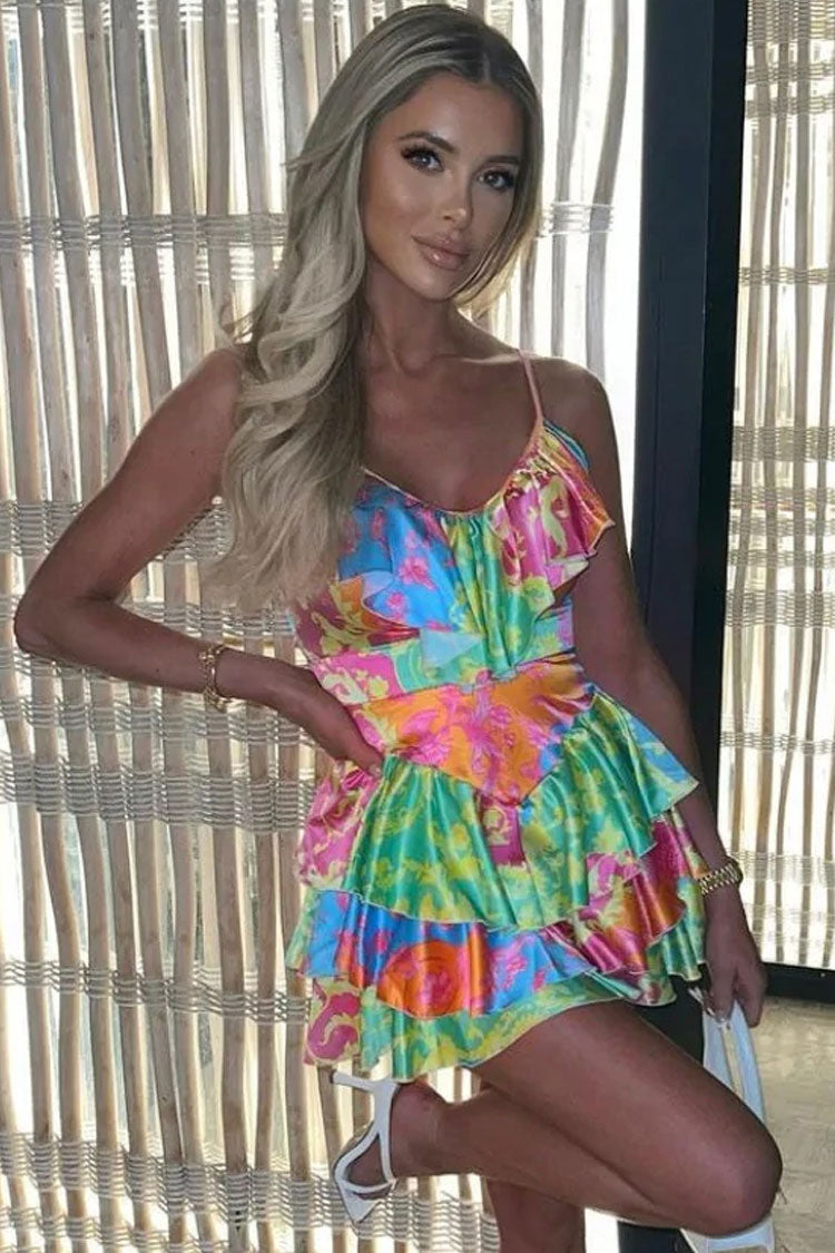 Silky Satin Summer Patchwork Ruffle V Neck Tiered Mini Sundress - Floral  Fashionpara