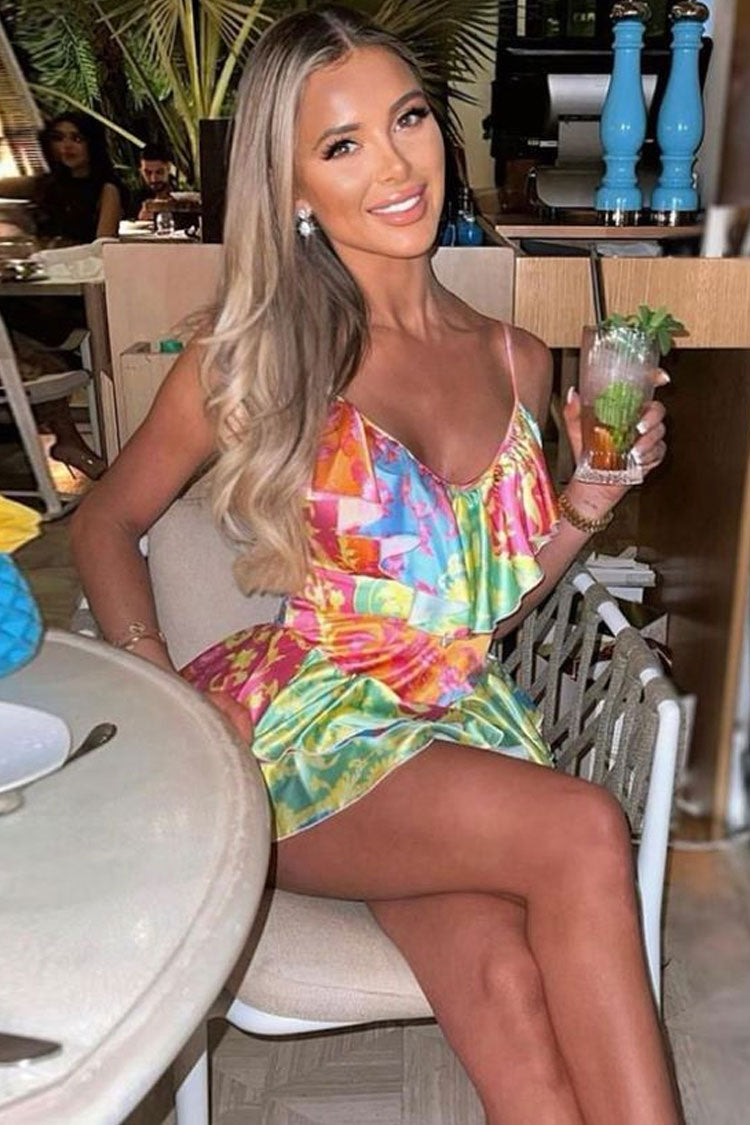 Silky Satin Summer Patchwork Ruffle V Neck Tiered Mini Sundress - Floral  Fashionpara