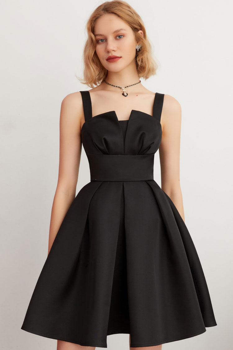Silky Satin Suspender Strap Pleated Fit & Flare Party Mini Dress - Black  Fashionpara