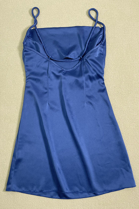 Silky Square Neck Spaghetti Strap Ruched Side Satin Slip Mini Dress - Blue Fashionpara