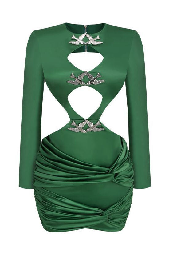 Silky Swallow Trim Long Sleeve Cutout Twist Ruched Satin Party Mini Dress - Green  Fashionpara