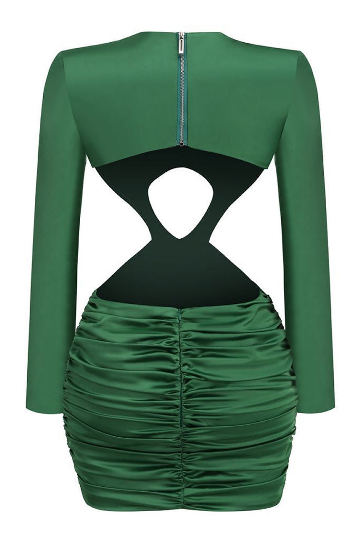 Silky Swallow Trim Long Sleeve Cutout Twist Ruched Satin Party Mini Dress - Green  Fashionpara