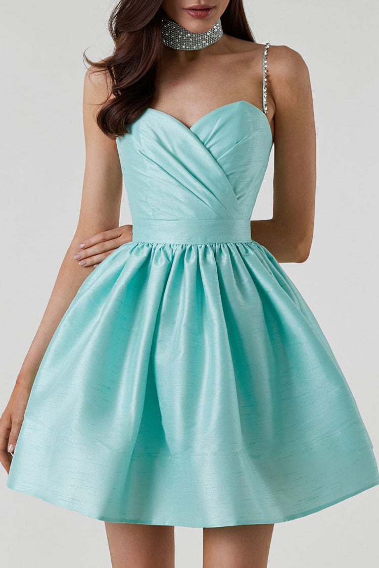 Silky Sweetheart Spaghetti Strap Pleated Satin Mini Dress - Teal