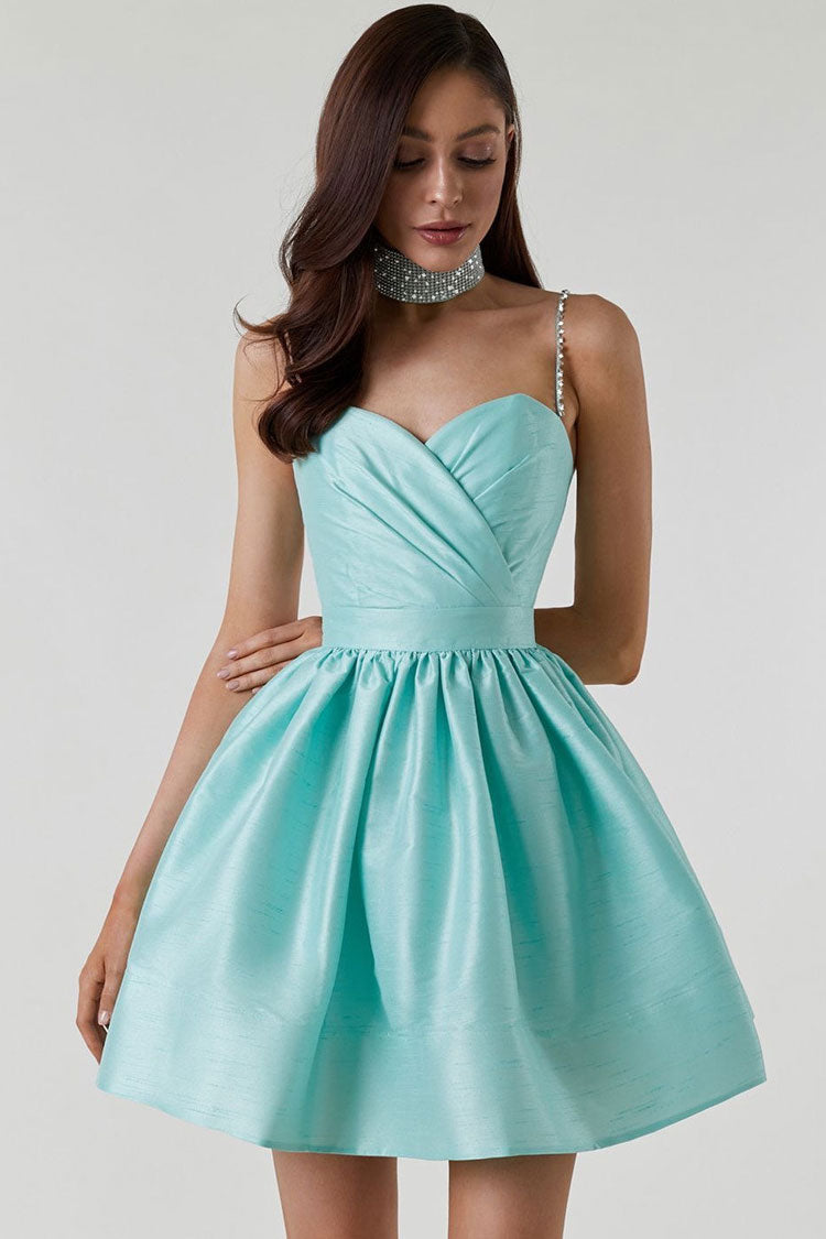 Silky Sweetheart Spaghetti Strap Pleated Satin Mini Dress - Teal - View 2