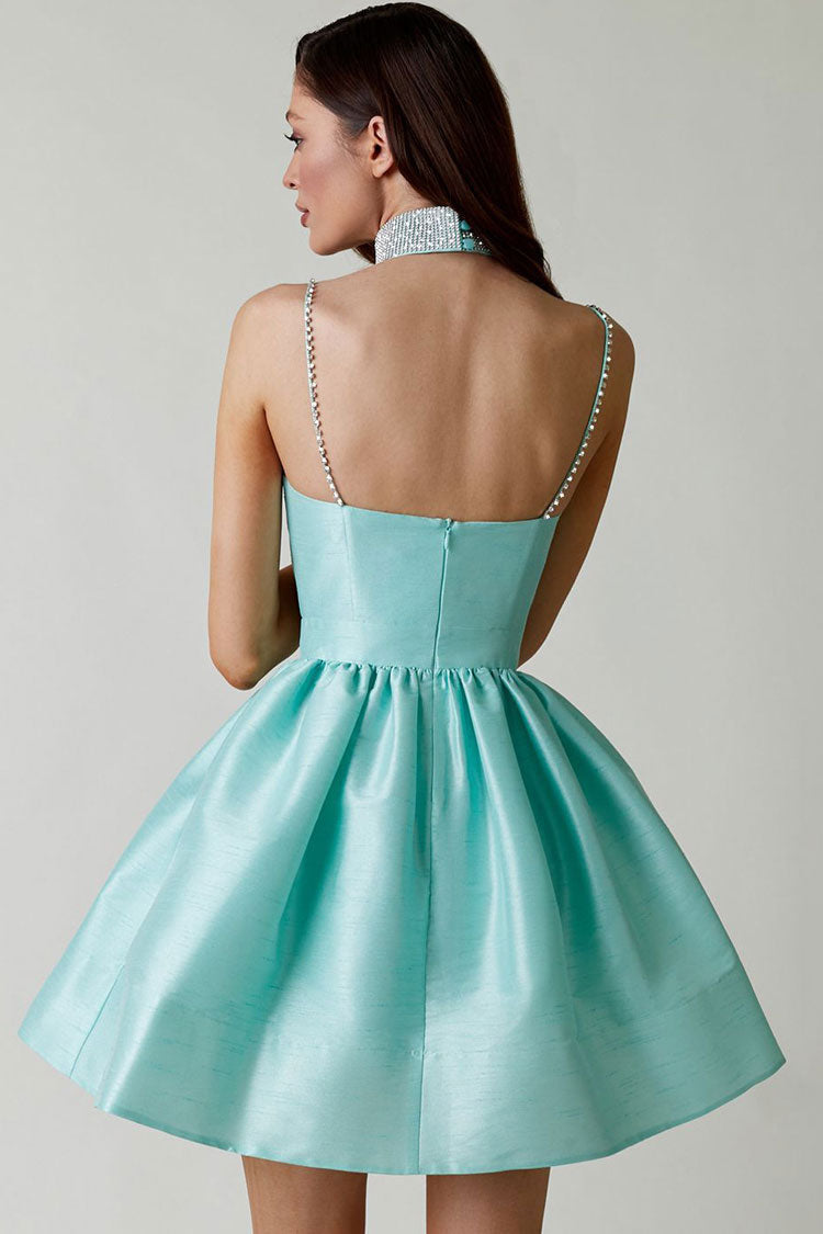 Silky Sweetheart Spaghetti Strap Pleated Satin Mini Dress - Teal - View 4