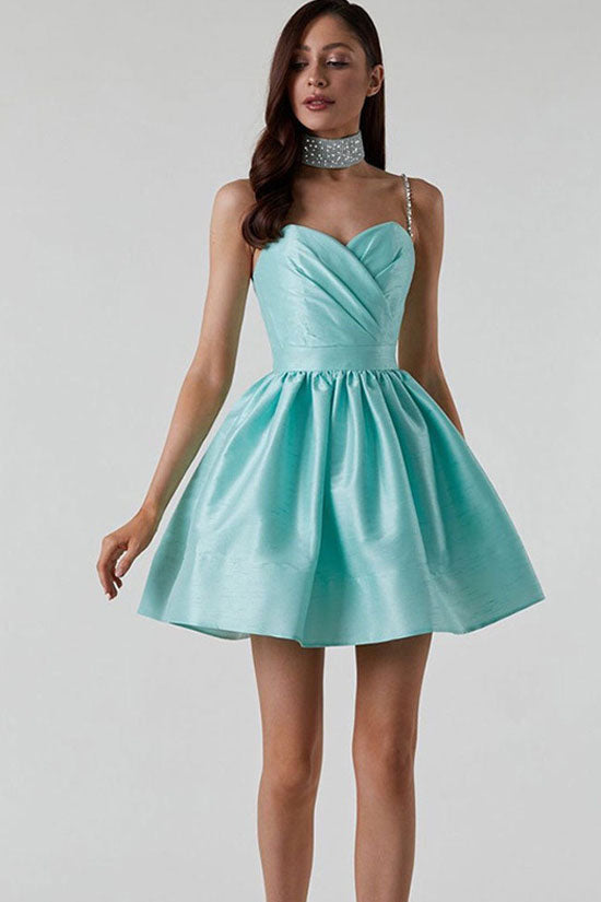 Silky Sweetheart Spaghetti Strap Pleated Satin Mini Dress - Teal - View 3