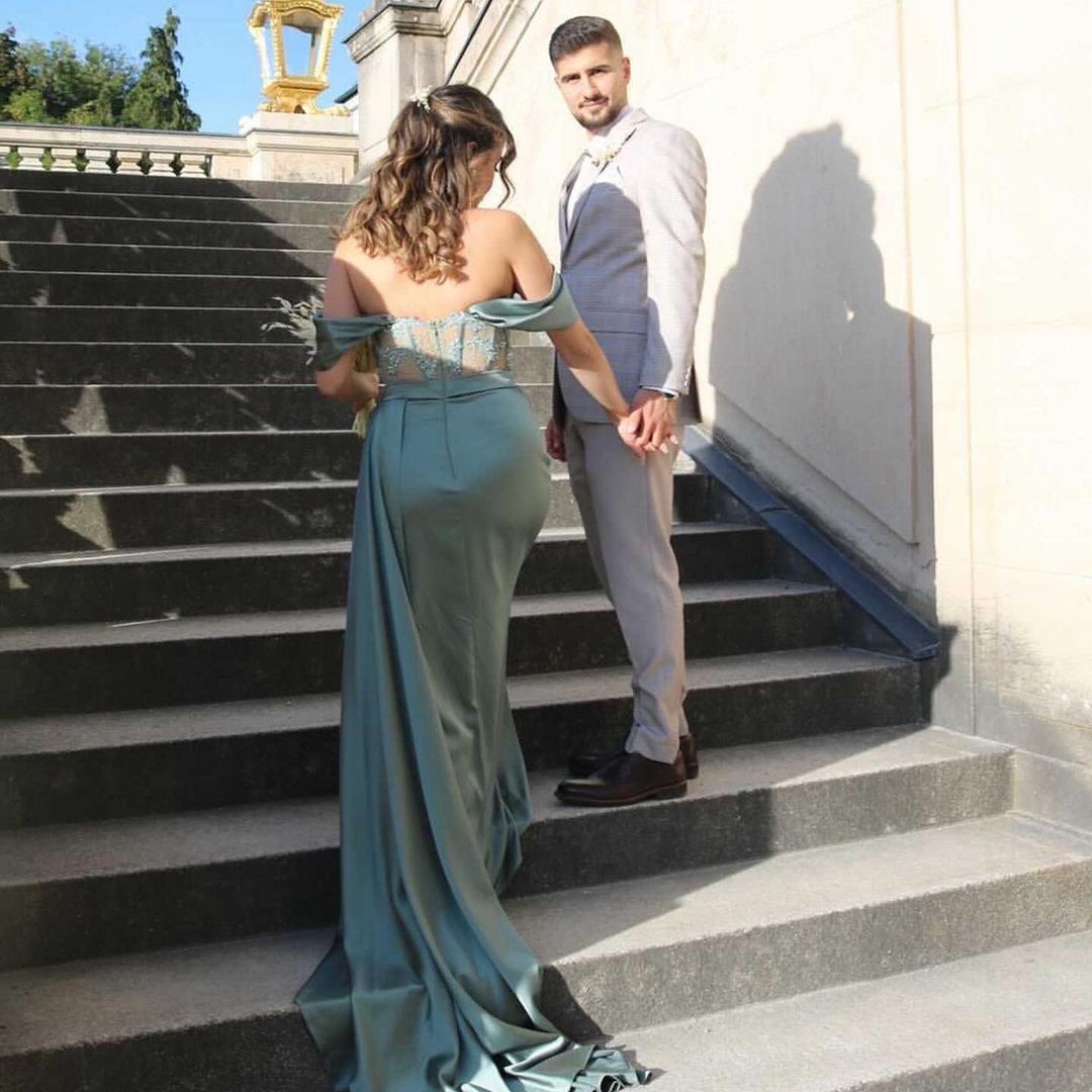Silver Grey Off-the-Shoulder Prom Dress Split With Appliques - Fashionpara