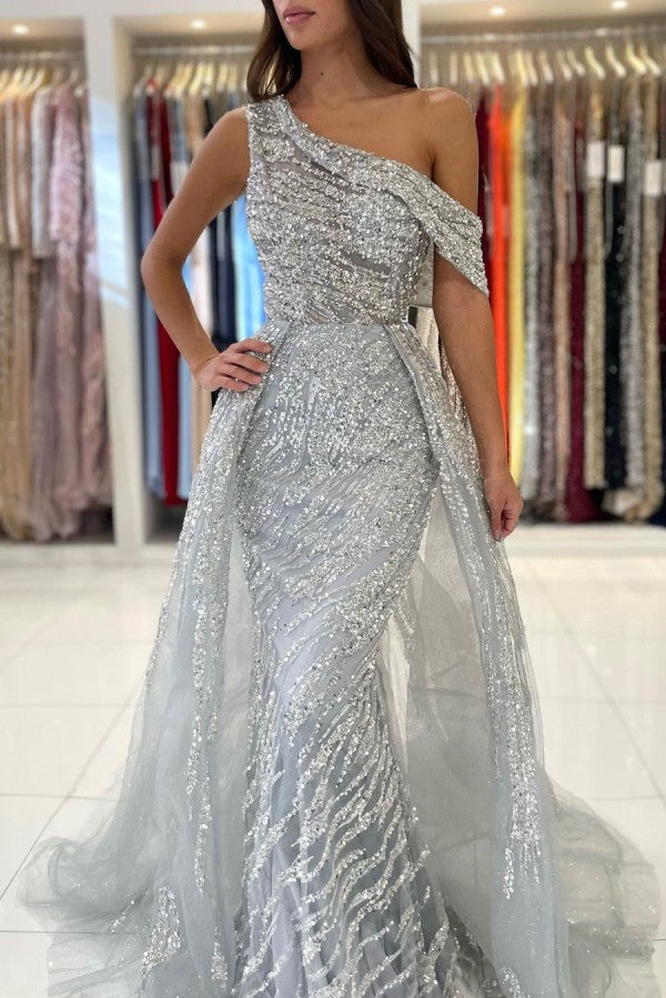 Silver Grey One Shoulder Prom Dress Overskirt With Sequins Beadings - Fashionpara