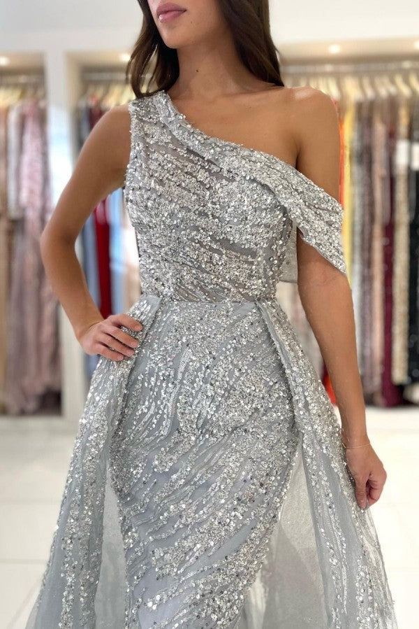 Silver Grey One Shoulder Prom Dress Overskirt With Sequins Beadings - Fashionpara