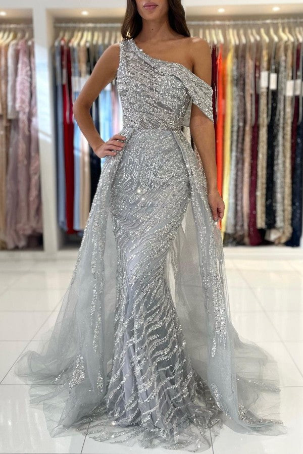 Silver Grey One Shoulder Prom Dress Overskirt With Sequins Beadings - Fashionpara