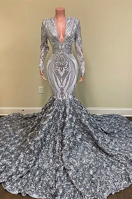 Silver Prom Dress Mermaid Long Sleeves V-Neck With Flowers - Fashionpara