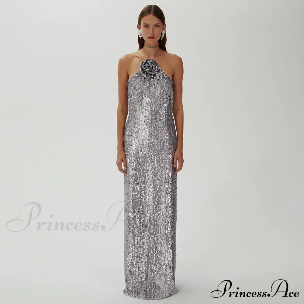 Silver Sequin Backless Evening Party Dress