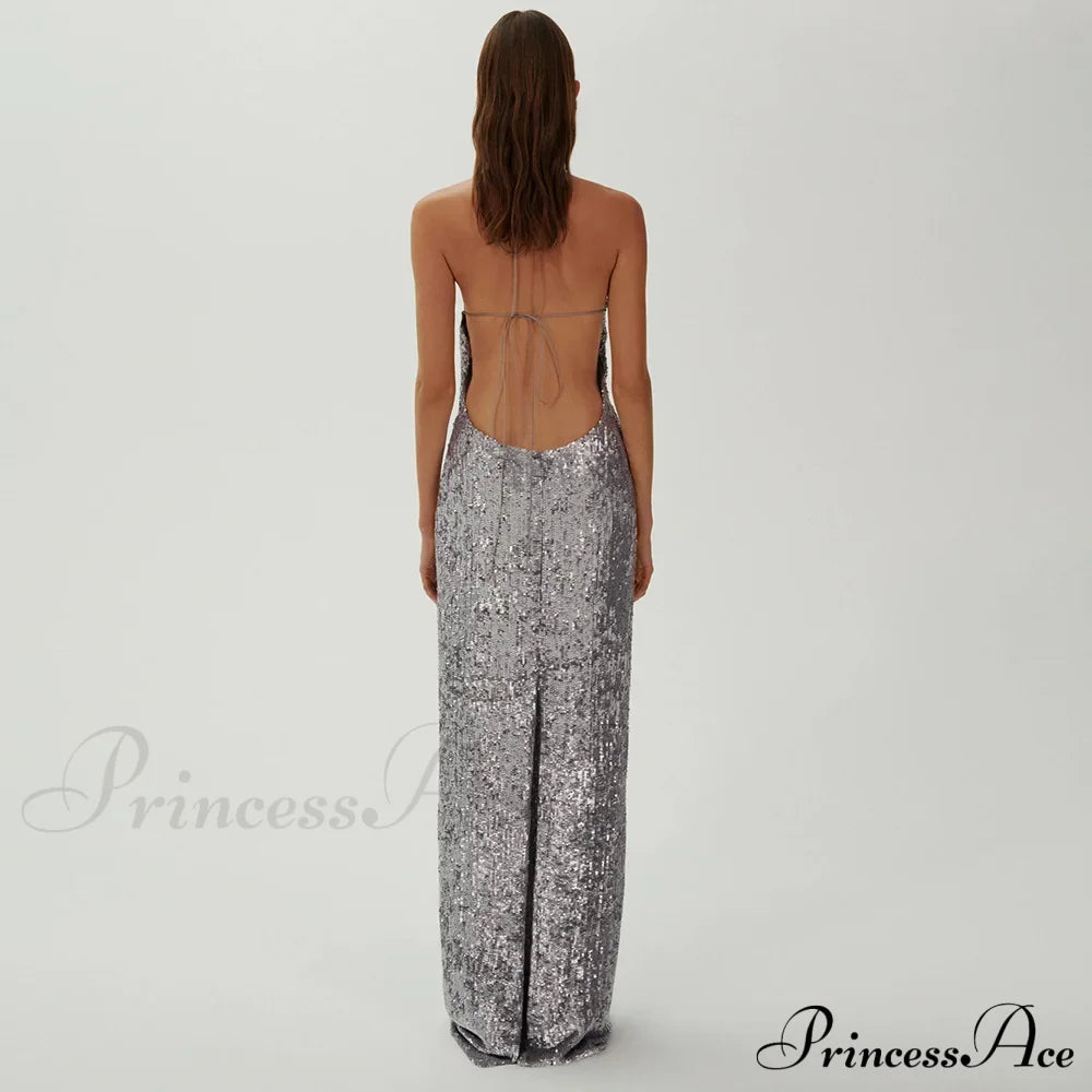Silver Sequin Backless Evening Party Dress