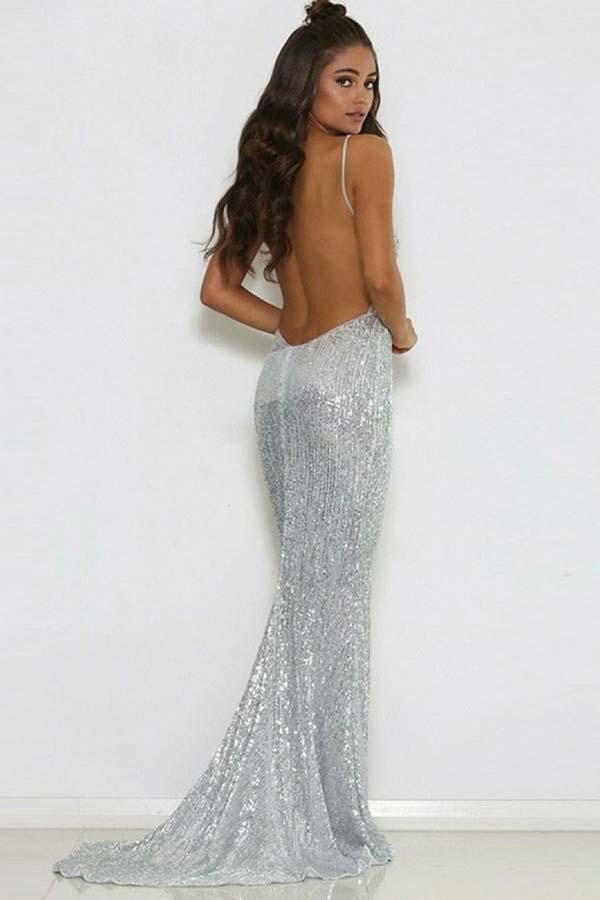 Silver Sequins Mermaid Prom Dress Sleeveless Spaghetti-Straps - Fashionpara