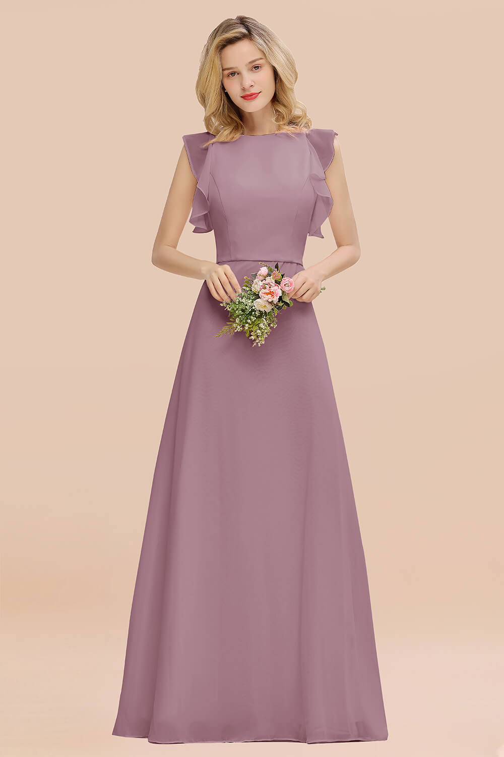 Simple Jewel Draped Sleeves Blushing Pink Bridesmaid Dresses
