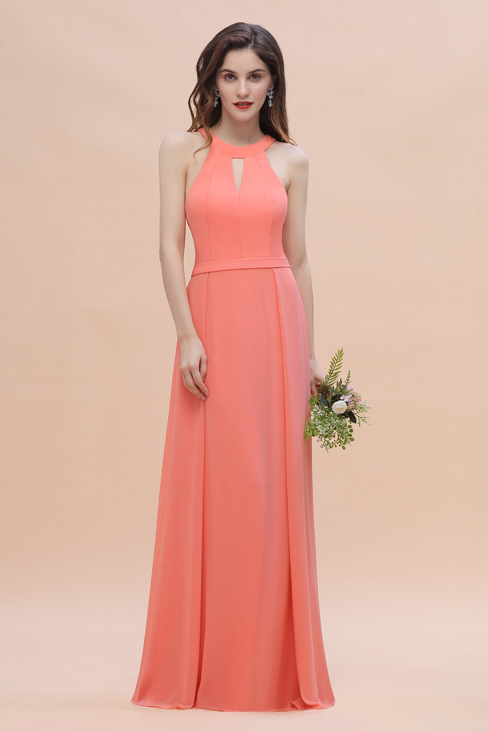 Simple Jewel Sleeveless Coral Chiffon Bridesmaid Dresses - Fashionpara