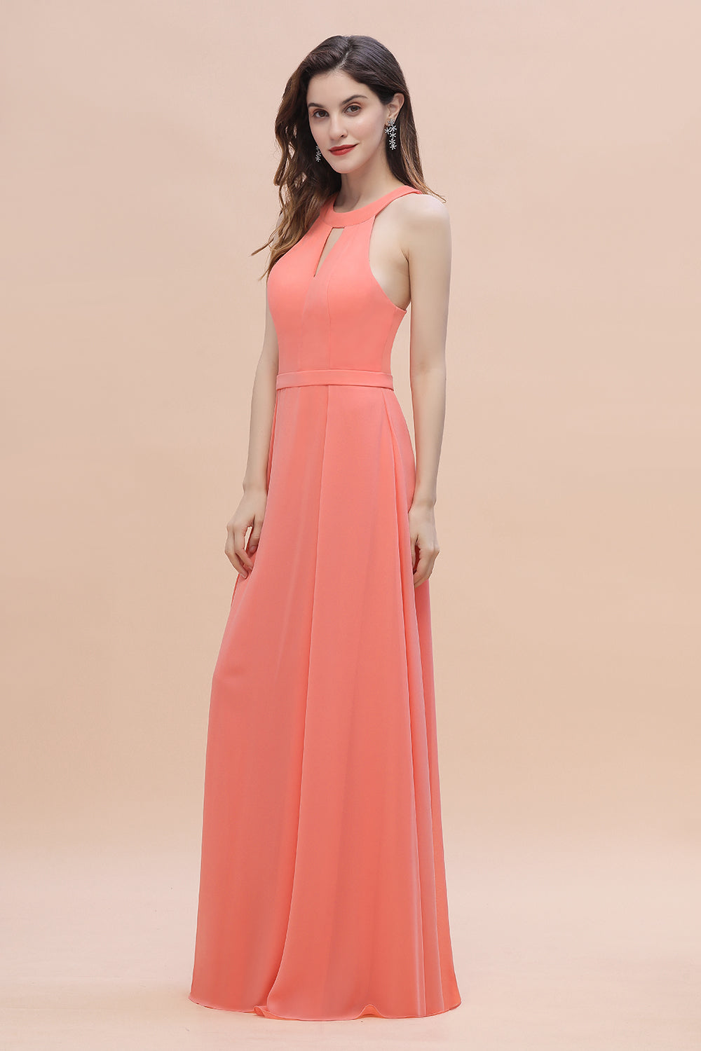Simple Jewel Sleeveless Coral Chiffon Bridesmaid Dresses - Fashionpara