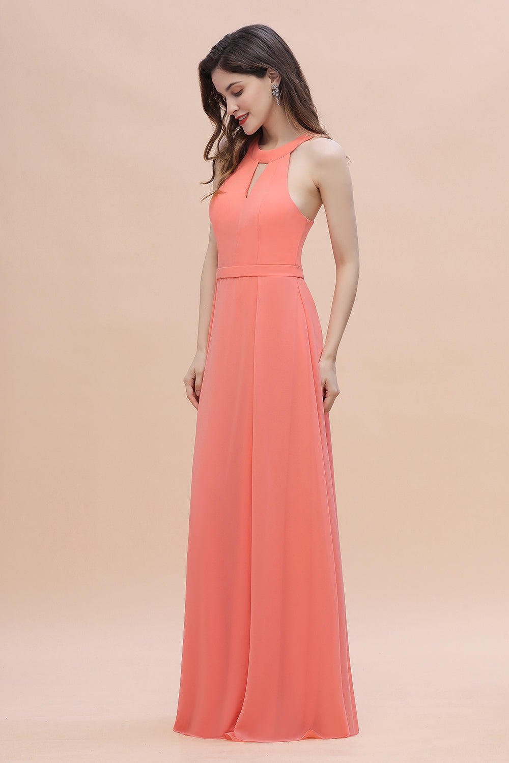 Simple Jewel Sleeveless Coral Chiffon Bridesmaid Dresses - Fashionpara