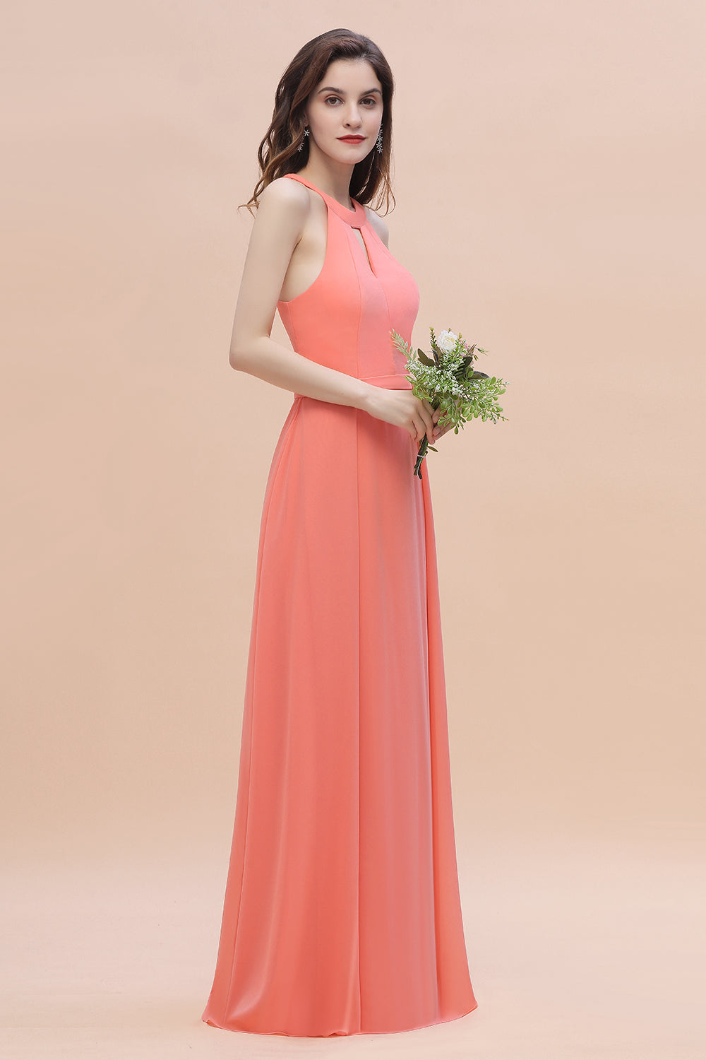 Simple Jewel Sleeveless Coral Chiffon Bridesmaid Dresses - Fashionpara