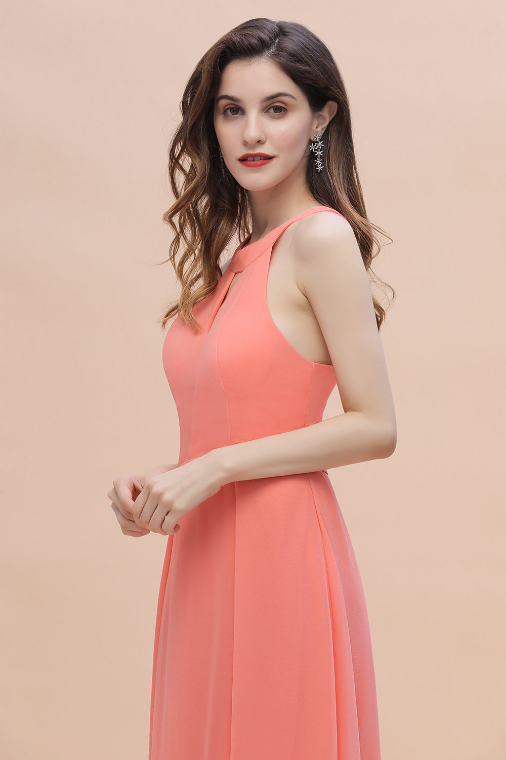 Simple Jewel Sleeveless Coral Chiffon Bridesmaid Dresses - Fashionpara