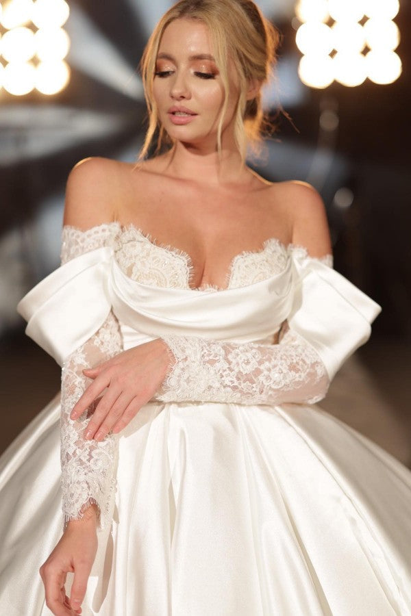 Simple Long A-Line Off-the-Shoulder Princess Satin Lace Wedding Dress with Long Sleeves - Fashionpara