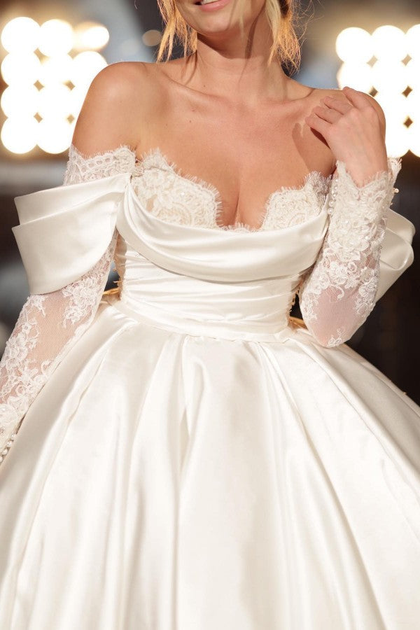 Simple Long A-Line Off-the-Shoulder Princess Satin Lace Wedding Dress with Long Sleeves - Fashionpara