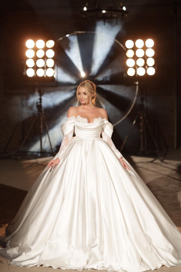 Simple Long A-Line Off-the-Shoulder Princess Satin Lace Wedding Dress with Long Sleeves - Fashionpara