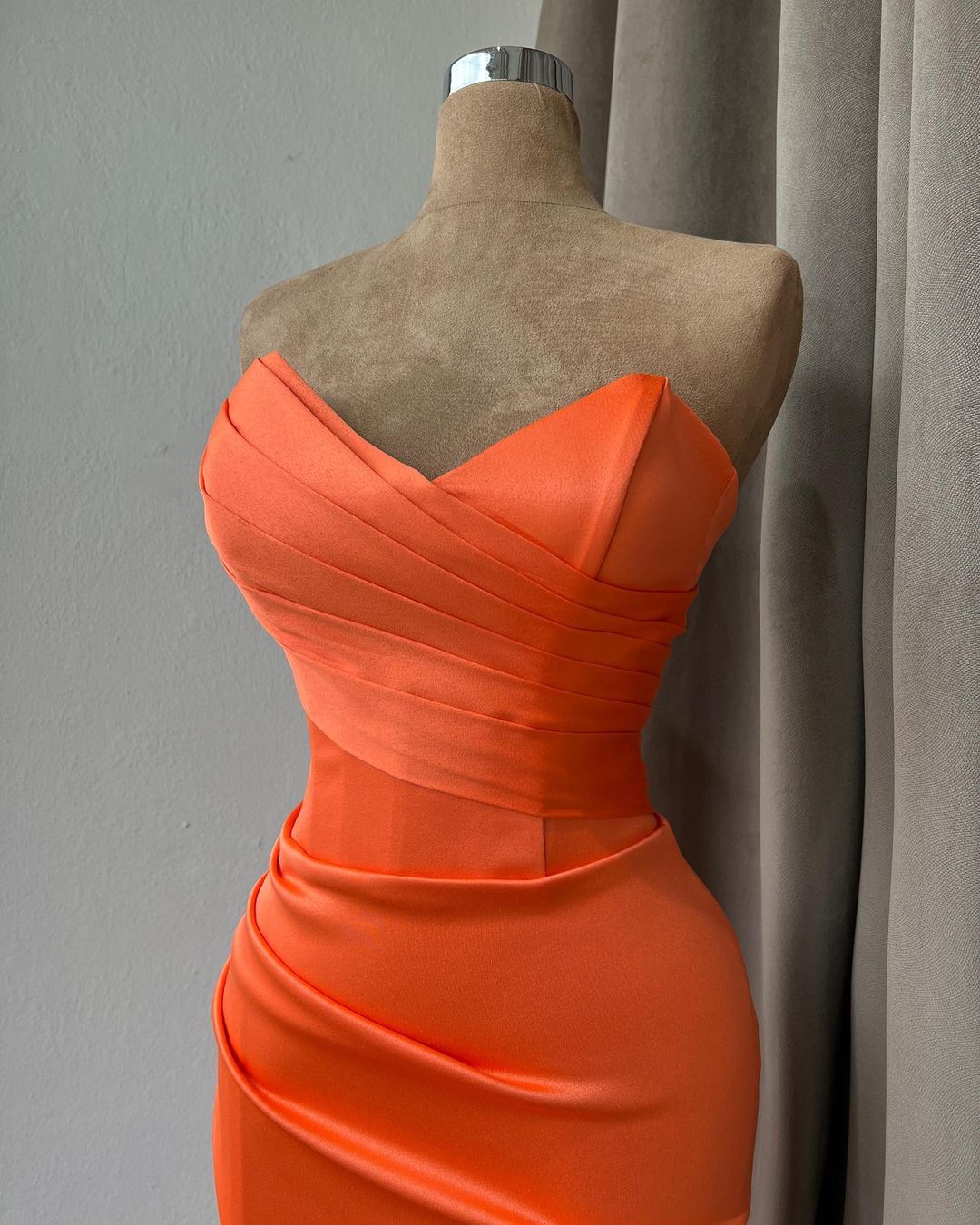 Beautiful Mermaid Orange Strapless Satin Prom Dress With Slit - Fashionpara