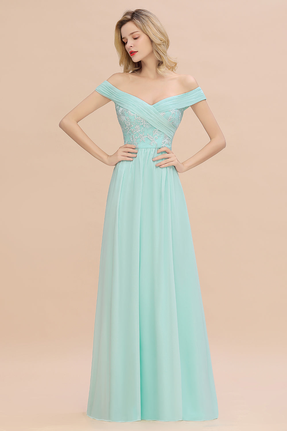 Simple Off-the-shoulder Long Affordable Bridesmaid Dresses With Appliques - Fashionpara
