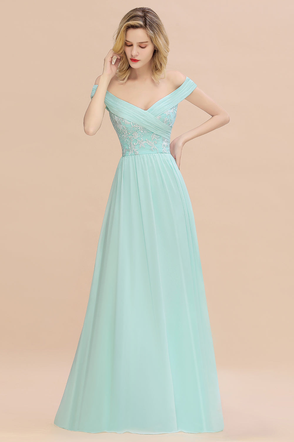 Simple Off-the-shoulder Long Affordable Bridesmaid Dresses With Appliques - Fashionpara