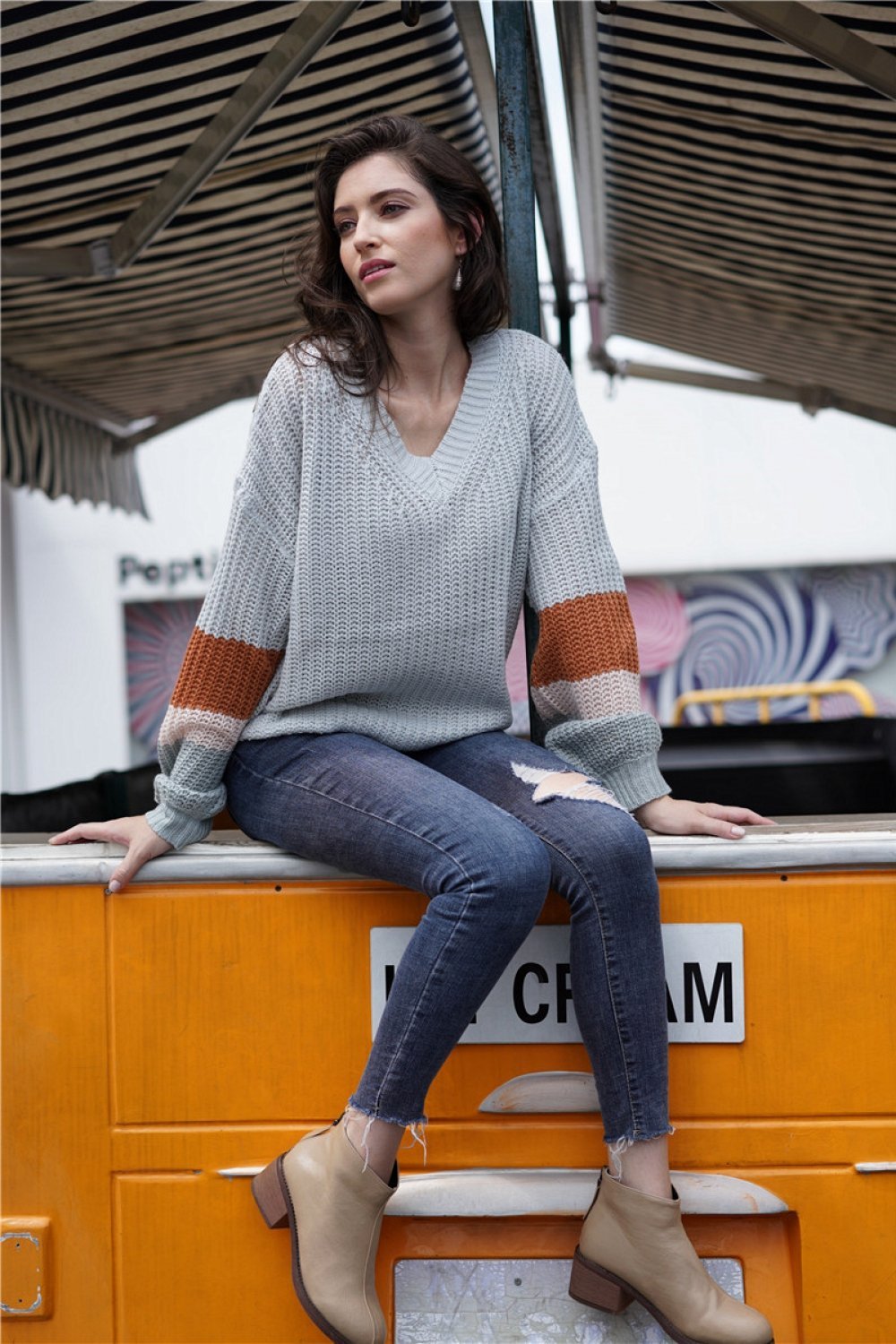 RadyRin Classic Grey Round Neck Loose Fit Sweater