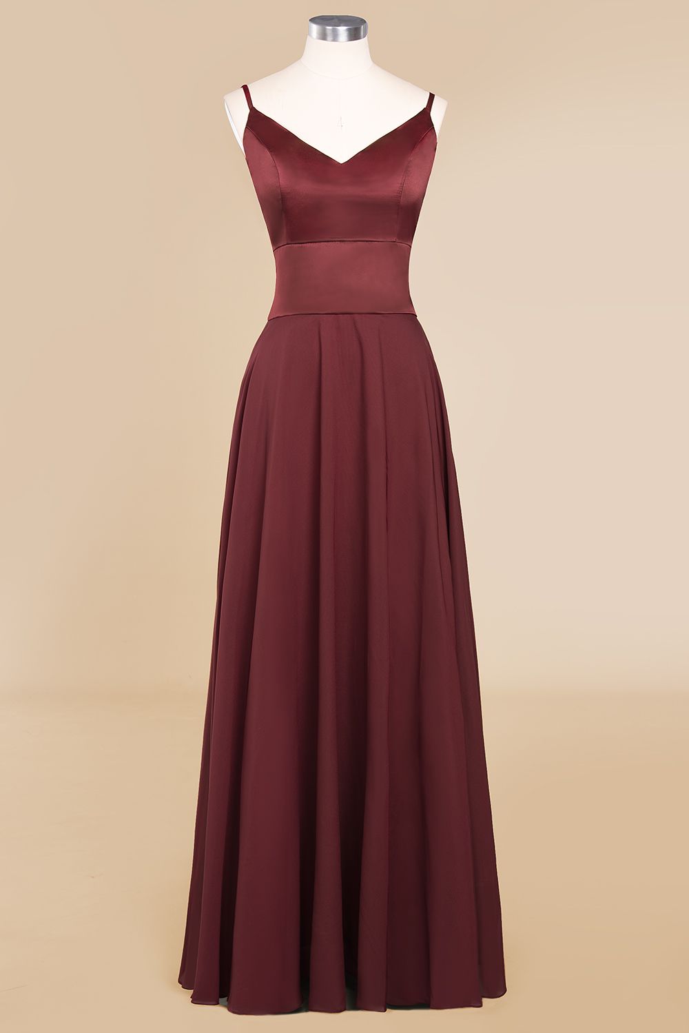 Simple Satin Chiffon Spaghetti-Straps Burgundy Long Bridesmaid Dresses - Fashionpara