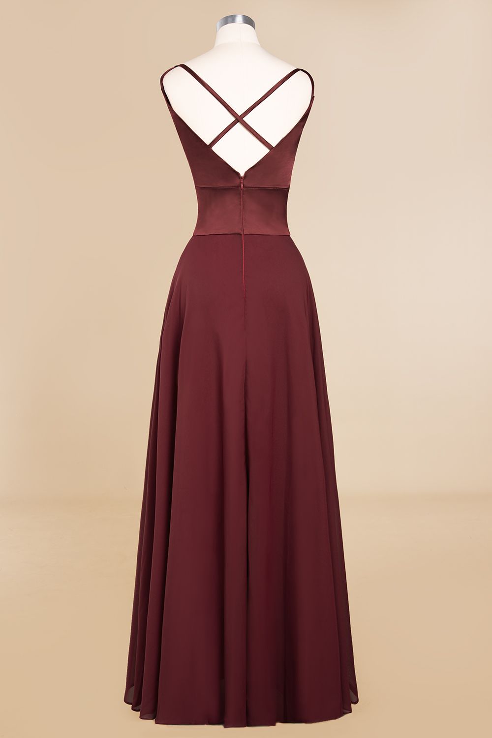Simple Satin Chiffon Spaghetti-Straps Burgundy Long Bridesmaid Dresses - Fashionpara