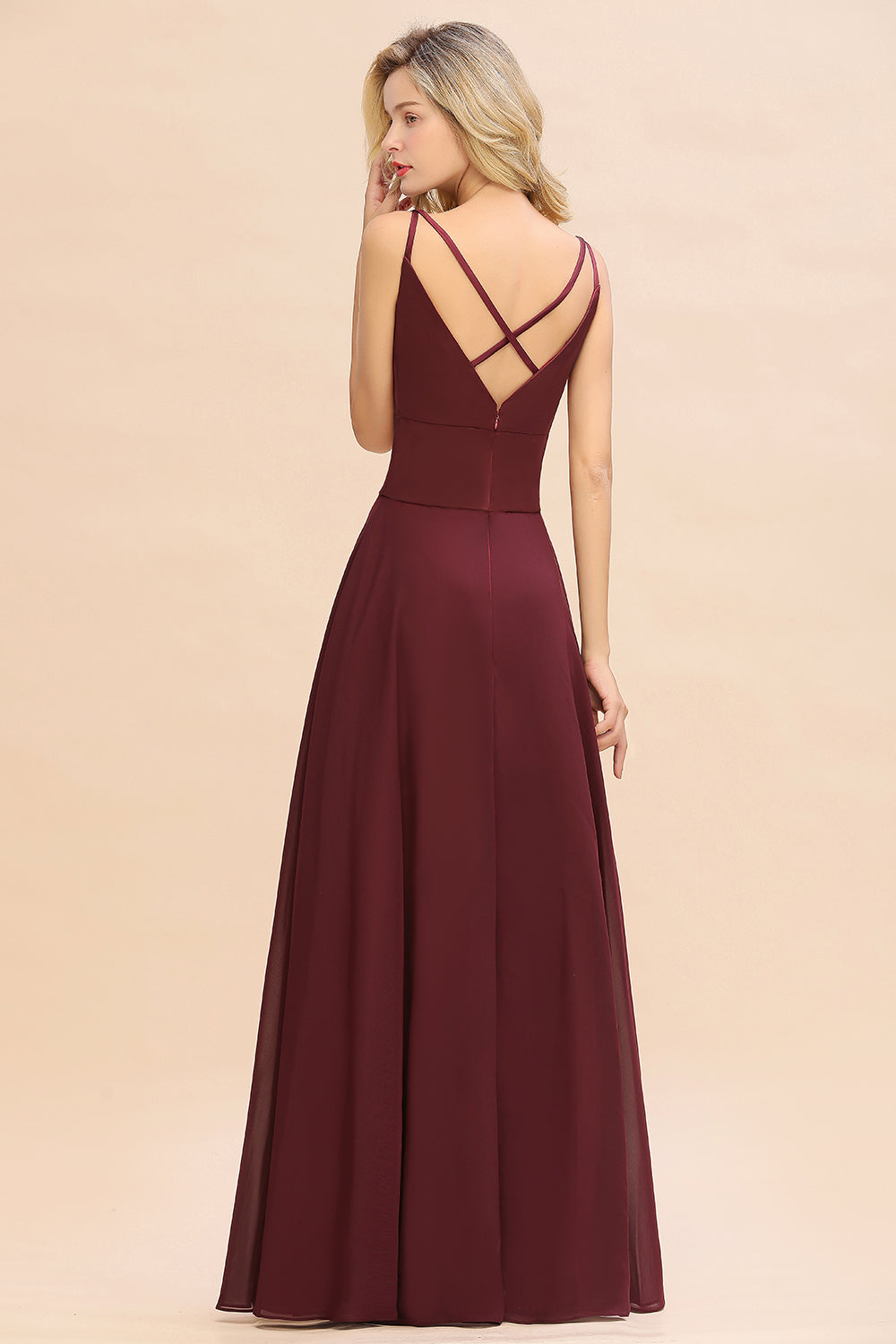 Simple Satin Chiffon Spaghetti-Straps Burgundy Long Bridesmaid Dresses - Fashionpara