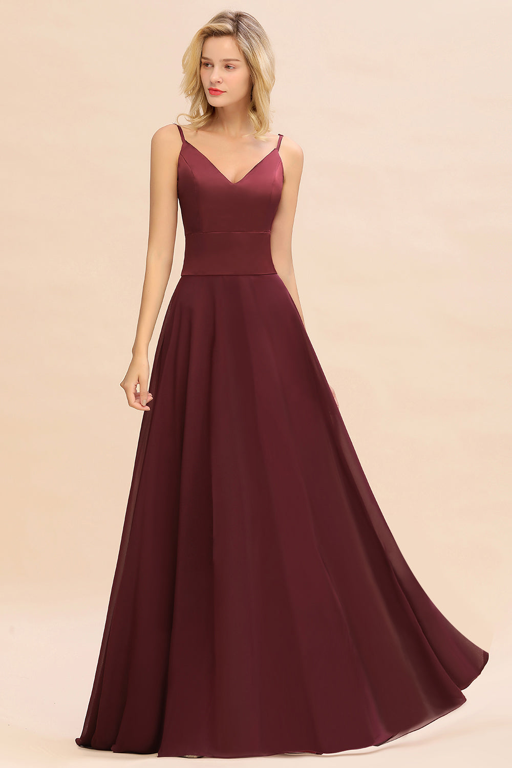 Simple Satin Chiffon Spaghetti-Straps Burgundy Long Bridesmaid Dresses - Fashionpara