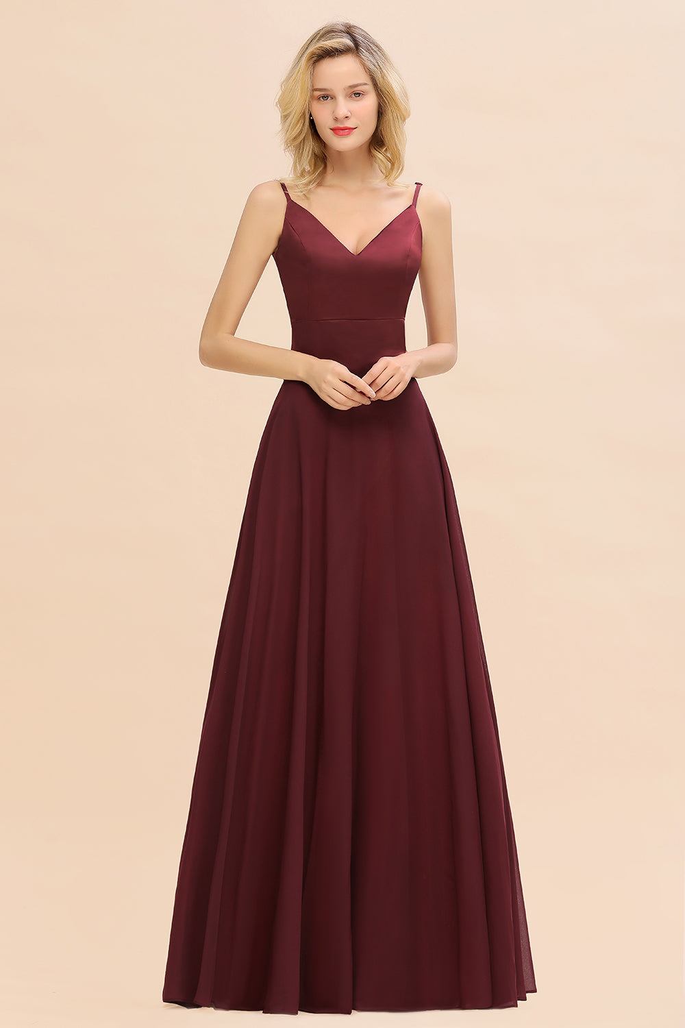 Simple Satin Chiffon Spaghetti-Straps Burgundy Long Bridesmaid Dresses - Fashionpara