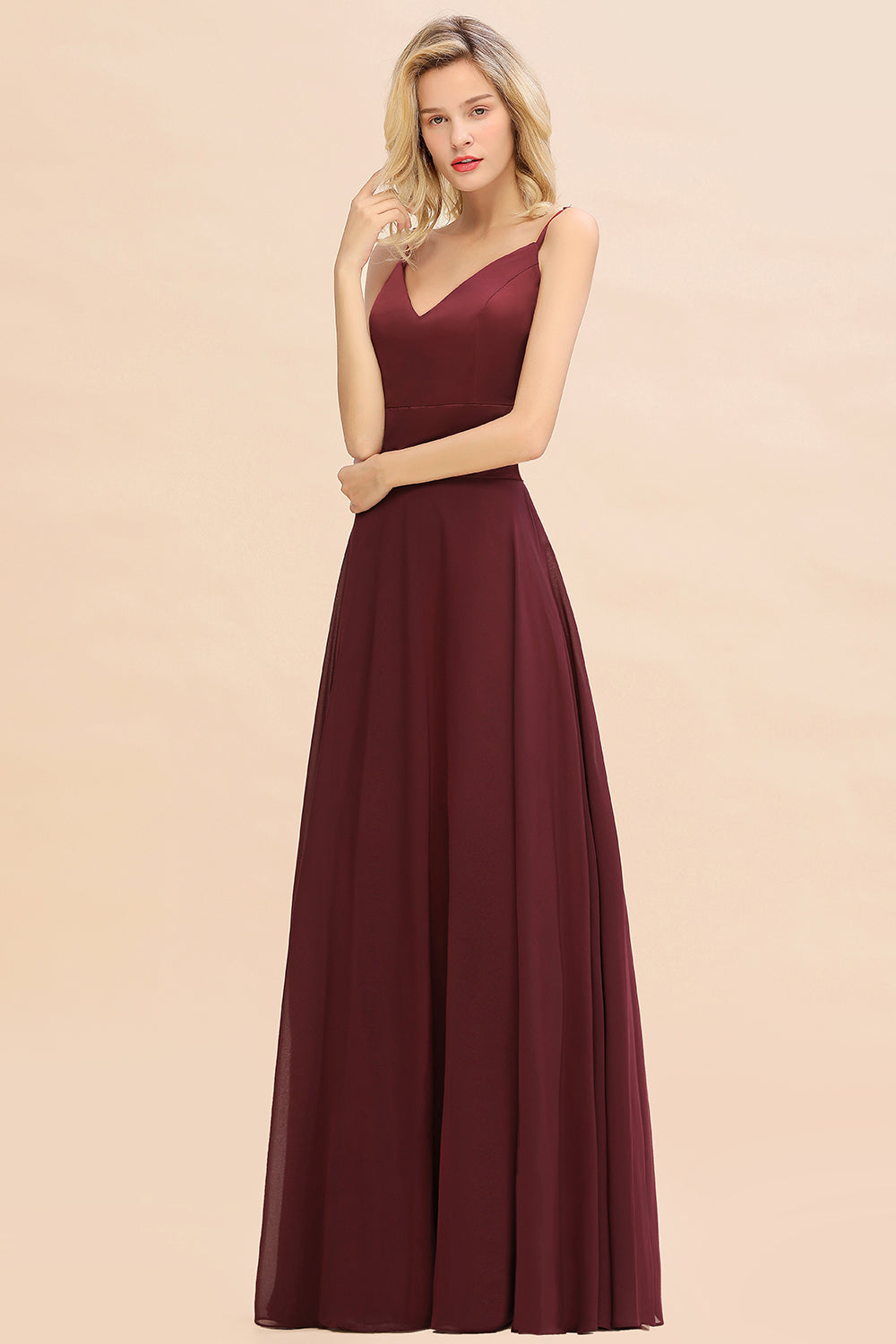 Simple Satin Chiffon Spaghetti-Straps Burgundy Long Bridesmaid Dresses - Fashionpara