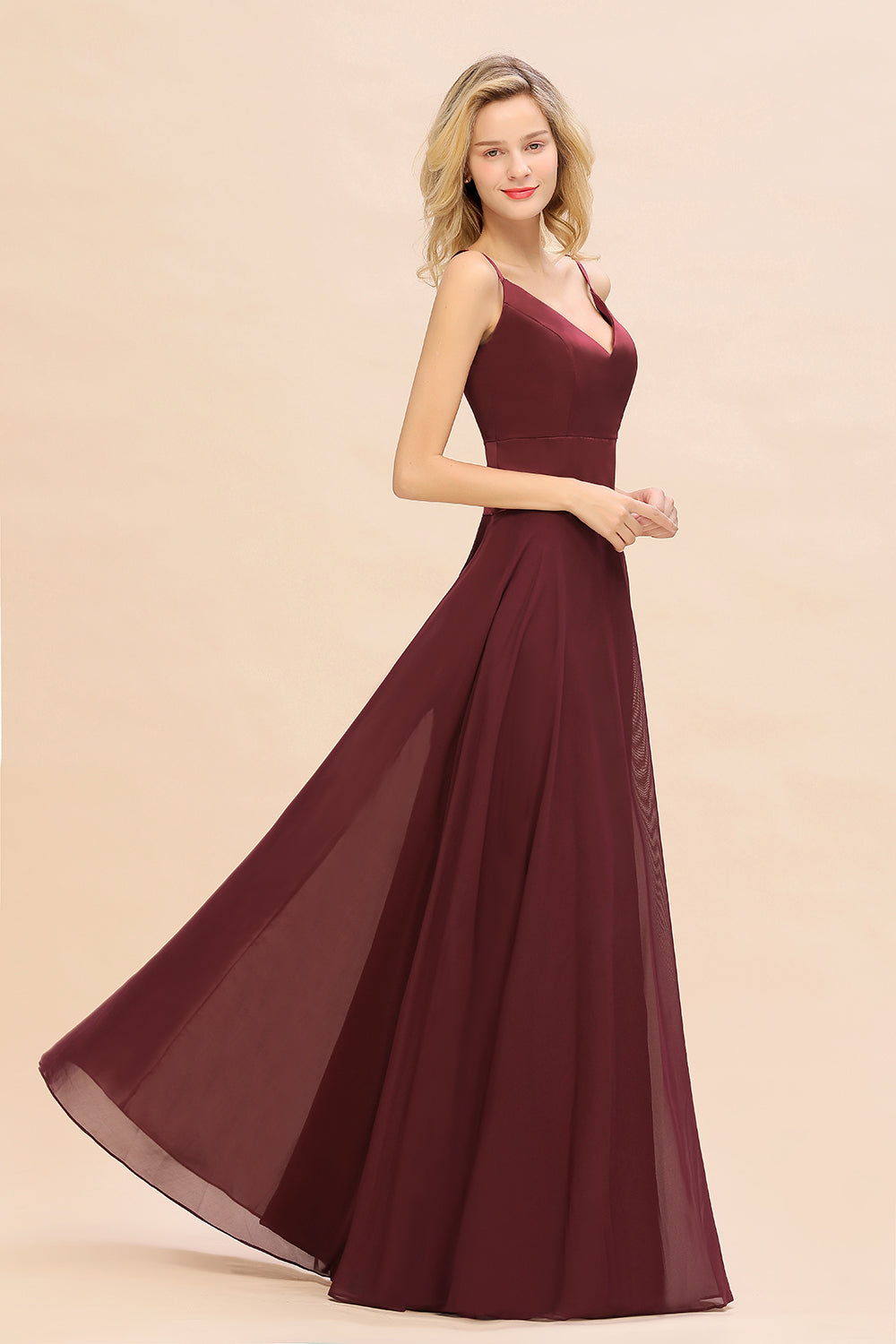 Simple Satin Chiffon Spaghetti-Straps Burgundy Long Bridesmaid Dresses - Fashionpara