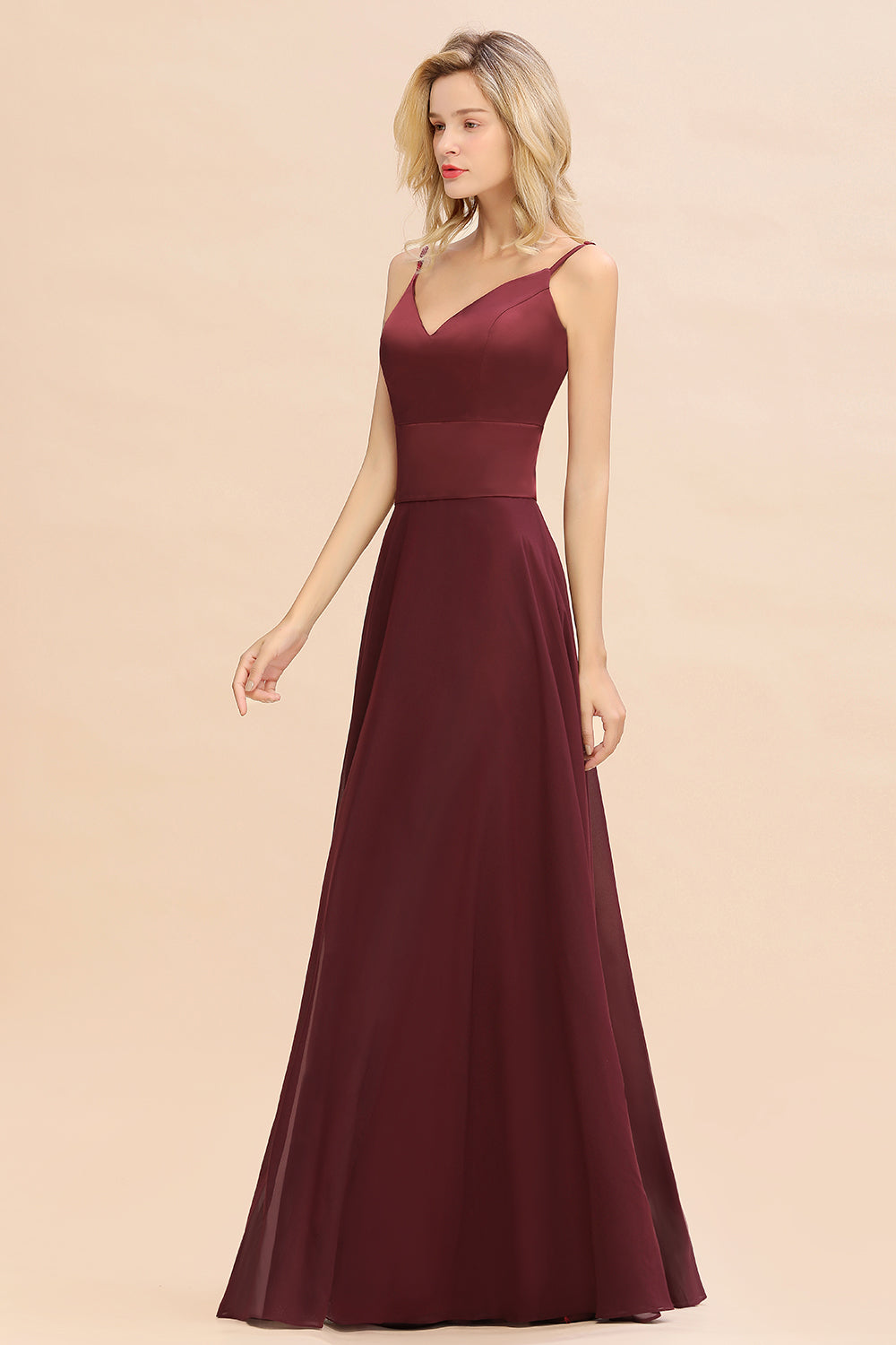 Simple Satin Chiffon Spaghetti-Straps Burgundy Long Bridesmaid Dresses - Fashionpara