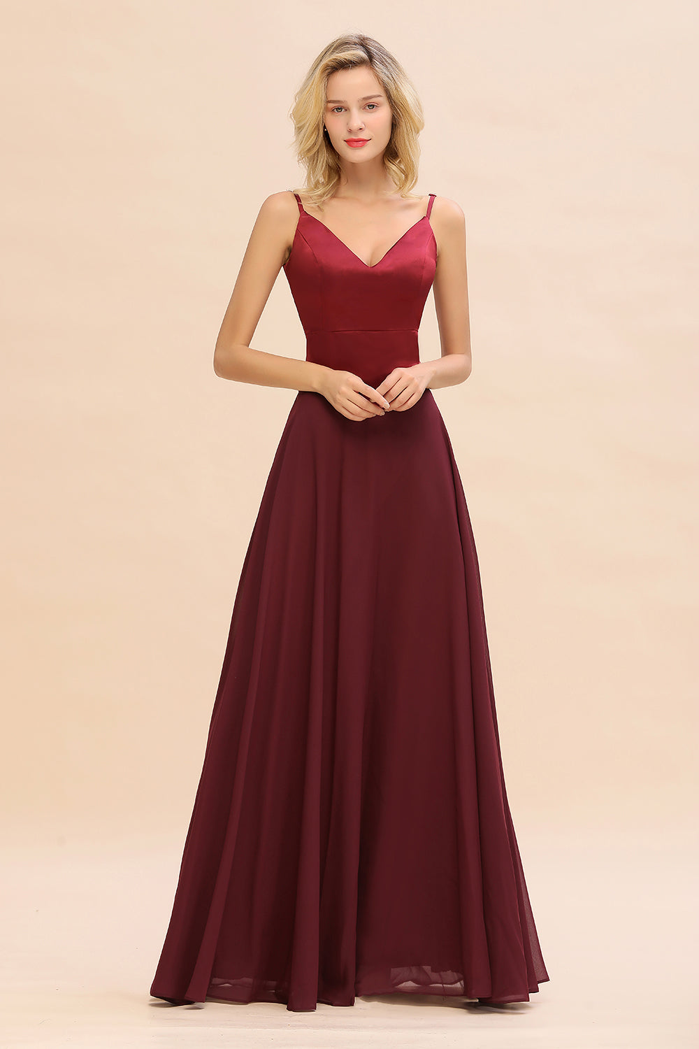 Simple Satin Chiffon Spaghetti-Straps Burgundy Long Bridesmaid Dresses - Fashionpara