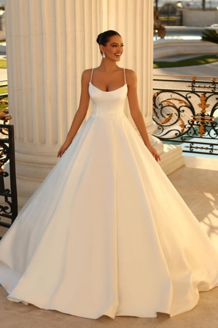Simple Spaghetti Straps Sleeveless Ball Gown Satin Wedding Dress with Classic Silhouette - Fashionpara