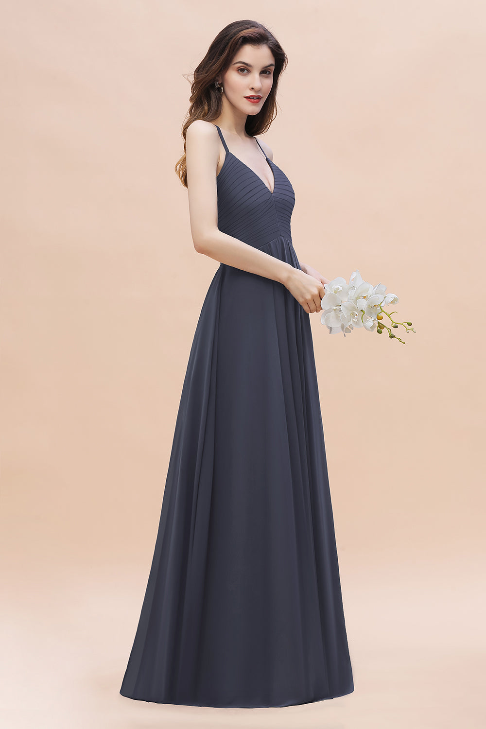 Simple Spaghetti Straps Stormy Chiffon Bridesmaid Dresses with Ruffles On Sale - Fashionpara
