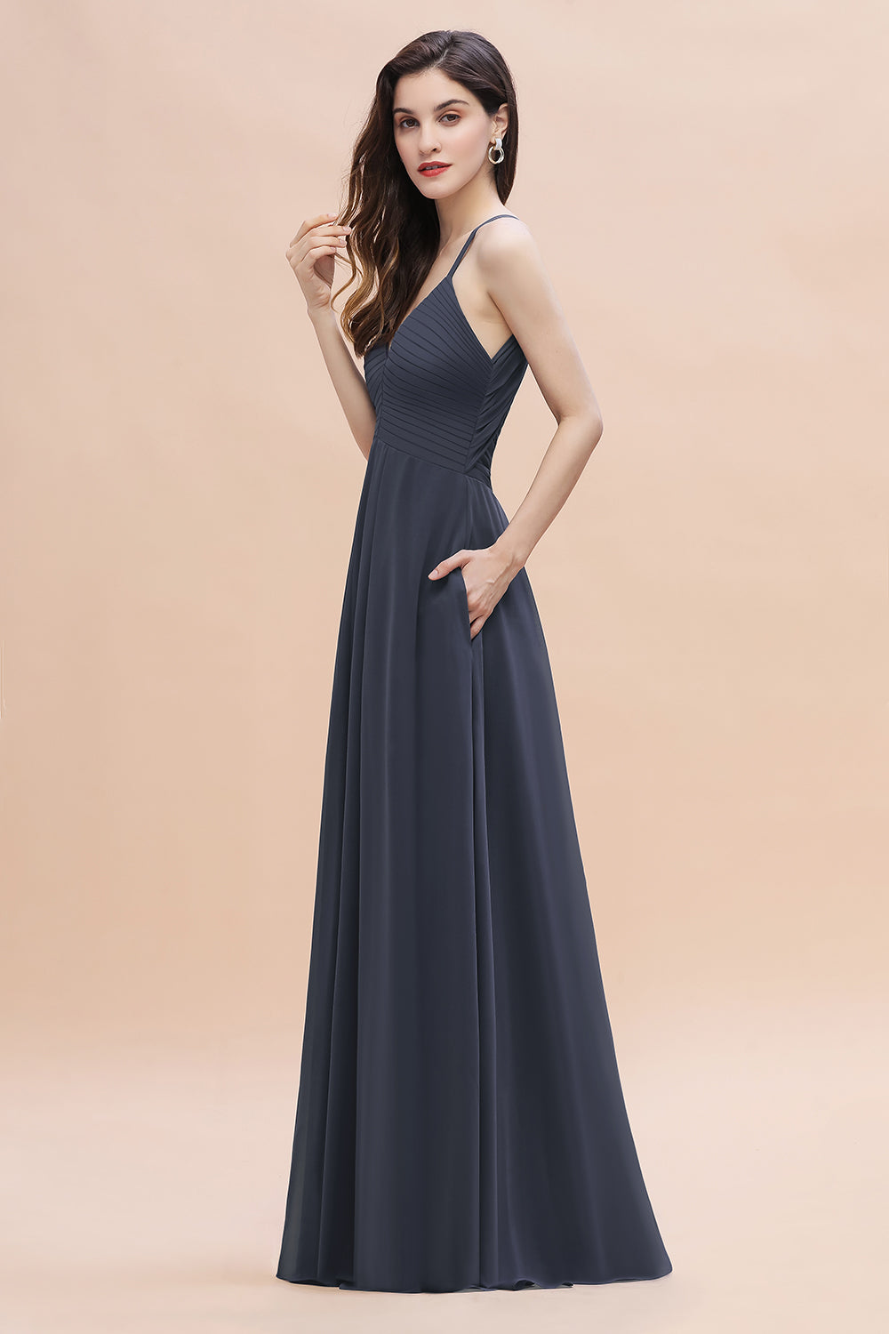 Simple Spaghetti Straps Stormy Chiffon Bridesmaid Dresses with Ruffles On Sale - Fashionpara