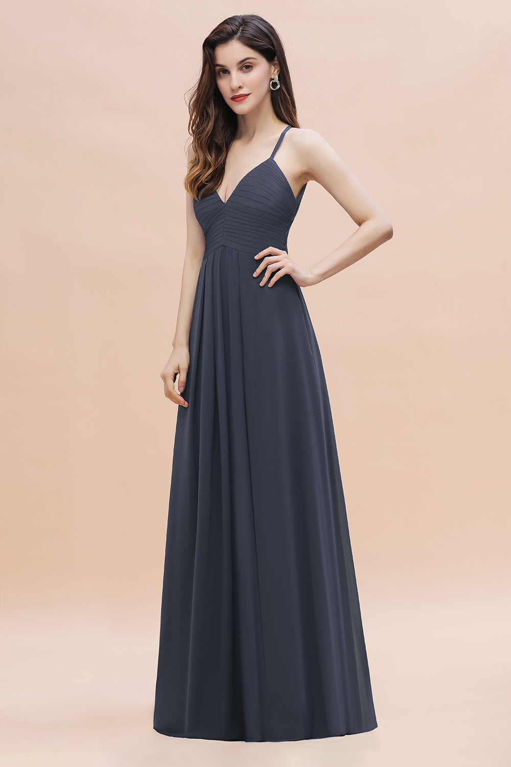 Simple Spaghetti Straps Stormy Chiffon Bridesmaid Dresses with Ruffles On Sale - Fashionpara